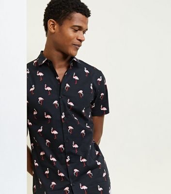 Black Flamingo Print Short Sleeve Shirt ...